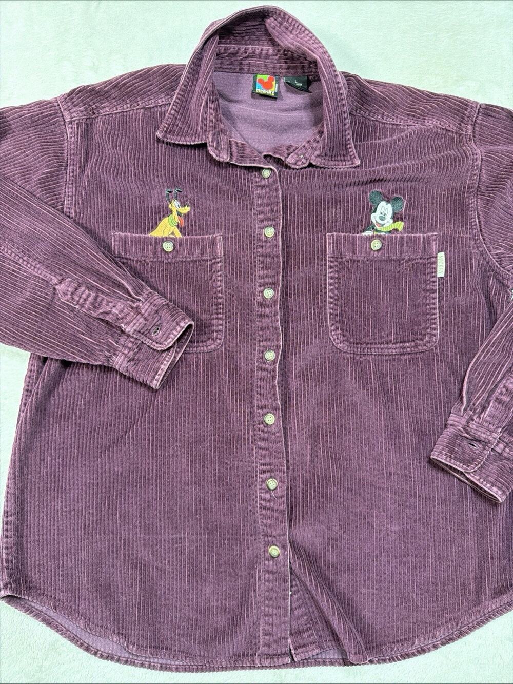 VTG Disney Mickey Unlimited Corduroy Shirt Overshirt Purple 90s Grunge SZ LG